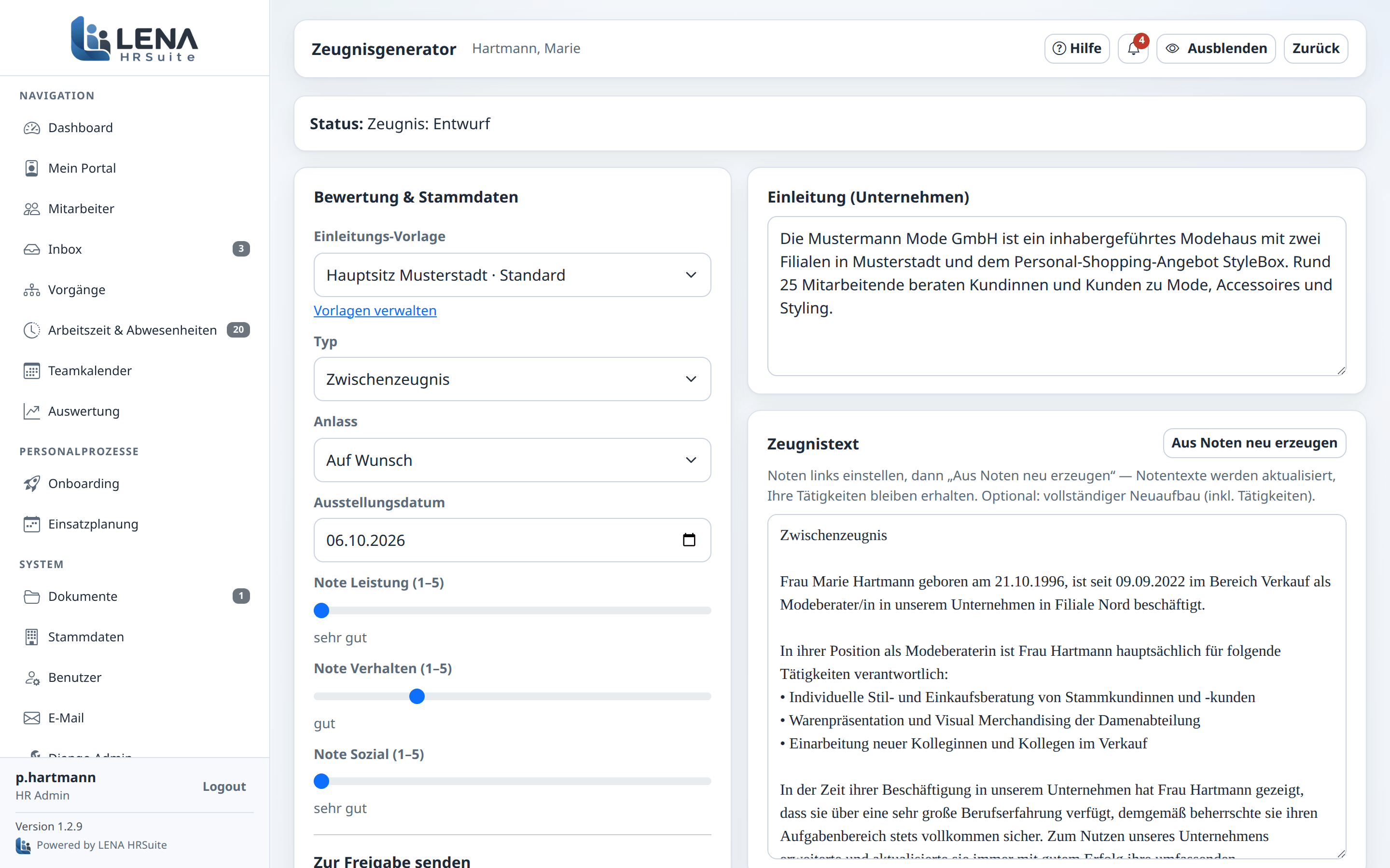 Zeugnisgenerator mit Notenreglern und Zeugnistext