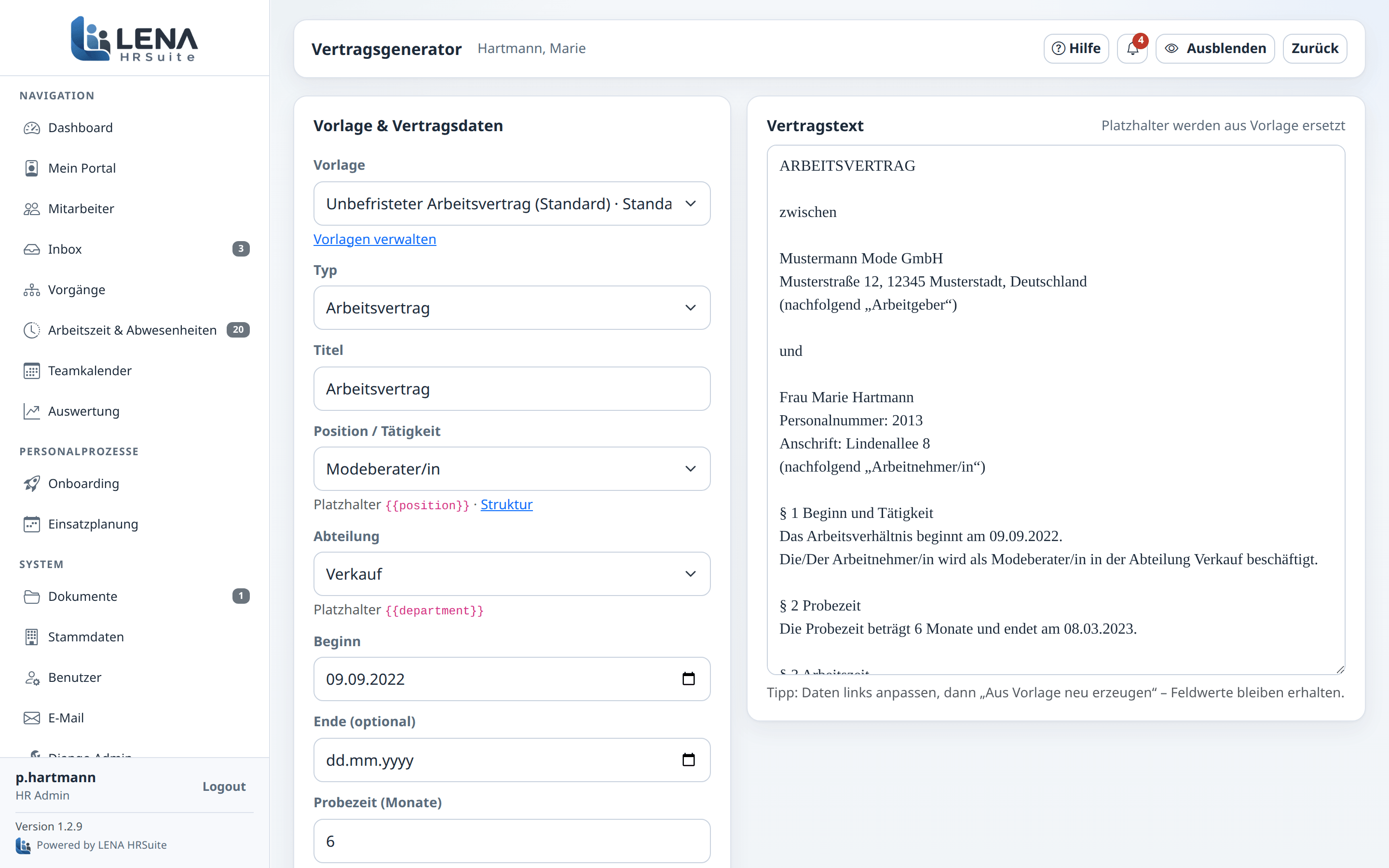 Vertragsgenerator mit Vorlage und Vertragstext