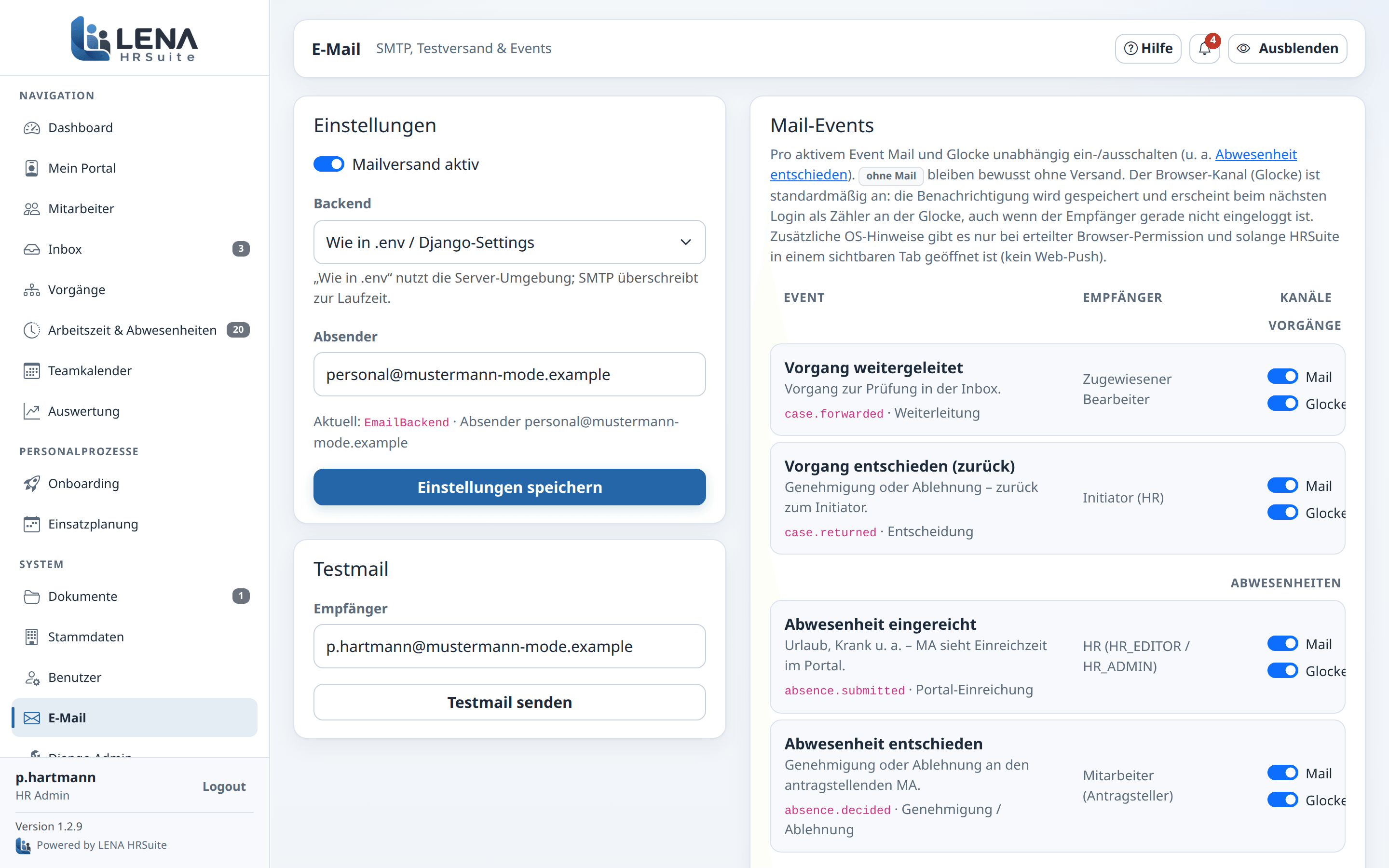 E-Mail-Einstellungen mit Schaltern für Mail und Glocke je Ereignis