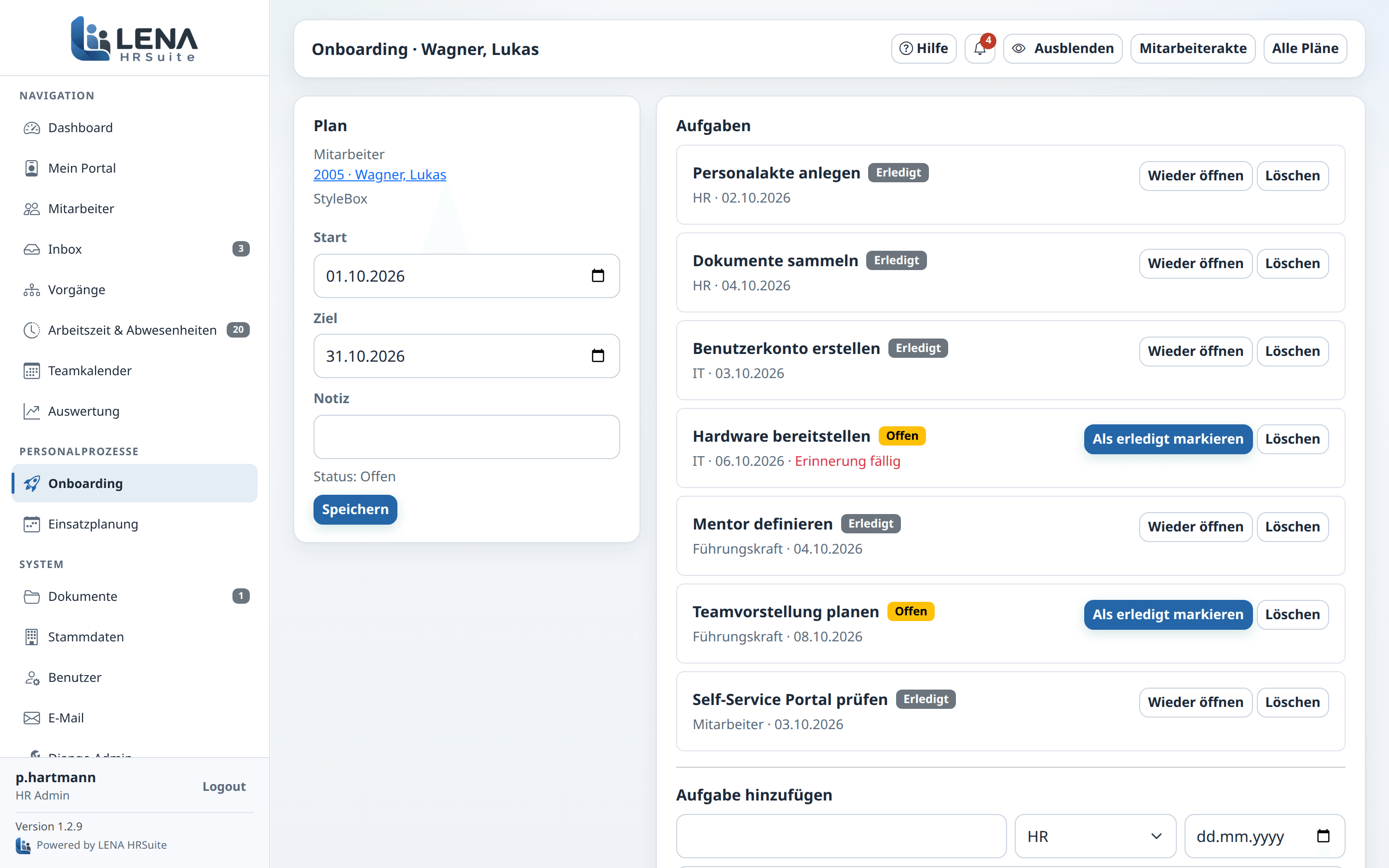 Onboarding-Plan mit erledigten und offenen Aufgaben