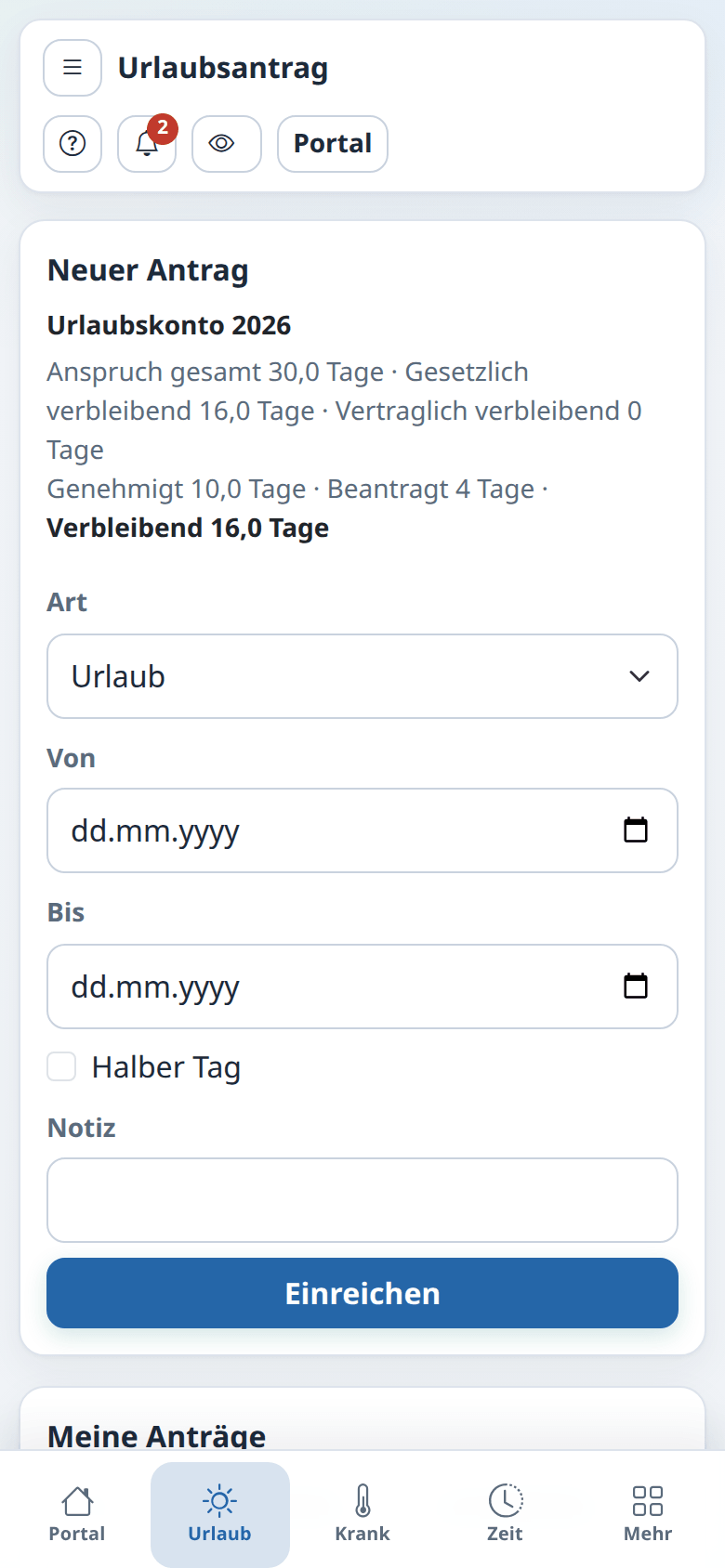 Urlaubsantrag mit Urlaubskonto im Portal
