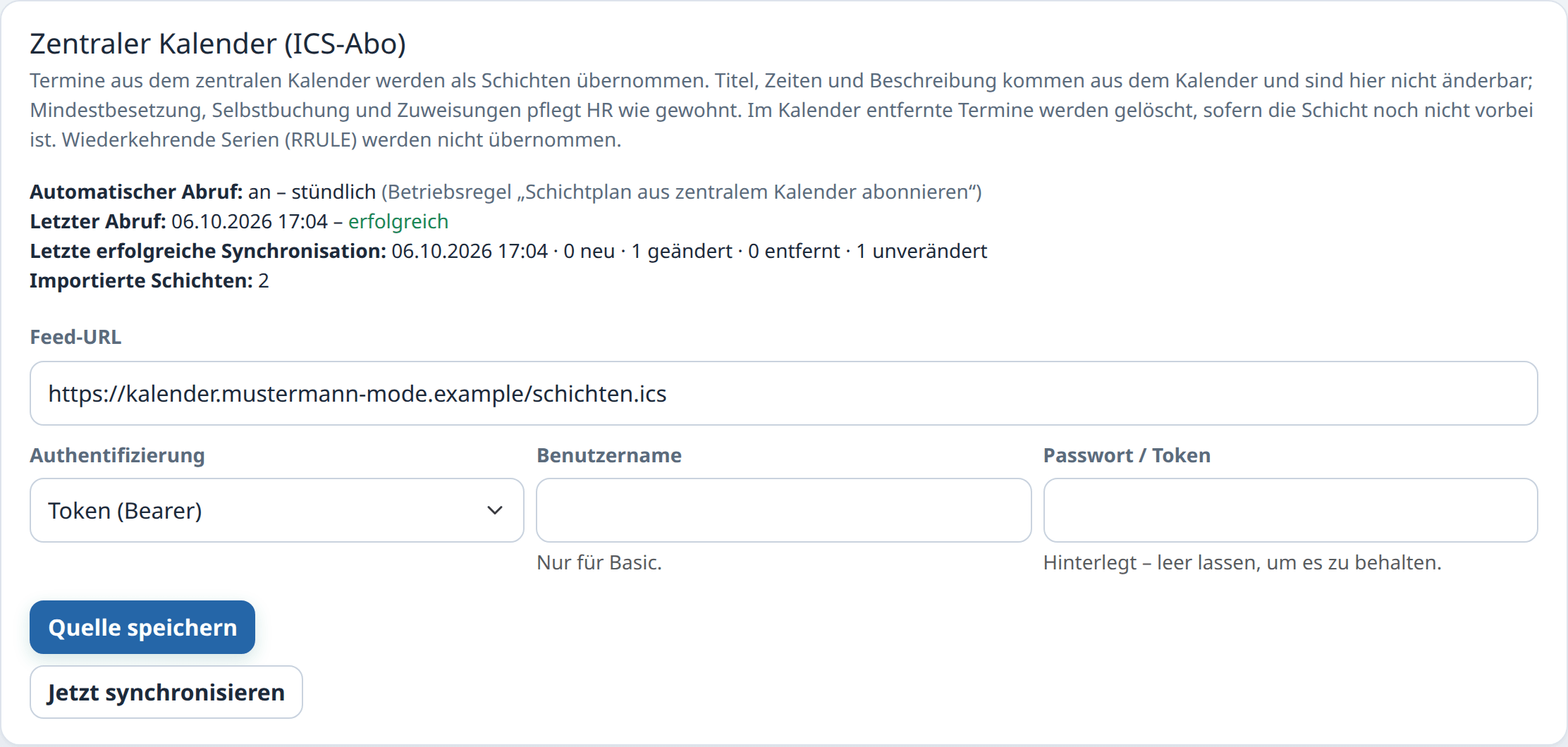 Einstellungen für das Kalender-Abo mit Feed-URL, Authentifizierung und Sync-Status